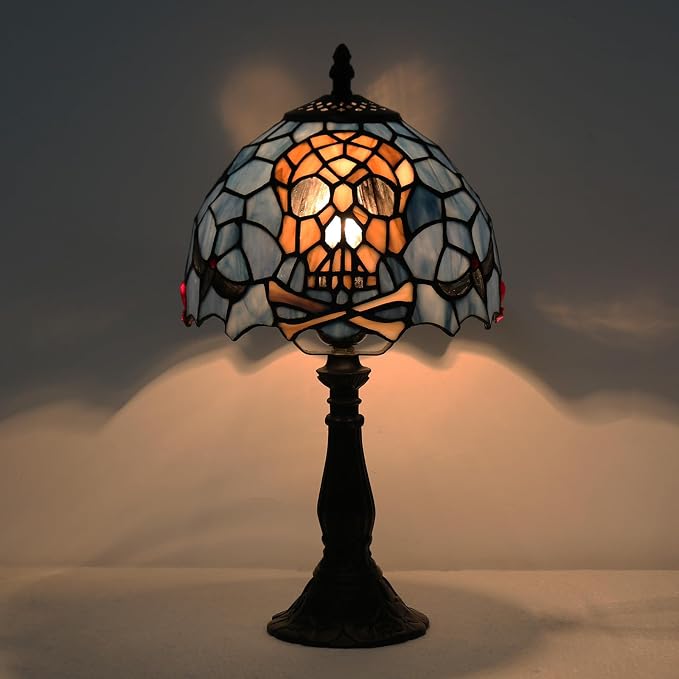 Tiffany Style Table Lamp,Stained Glass Skull Desk Lamp(8x8x15inch)