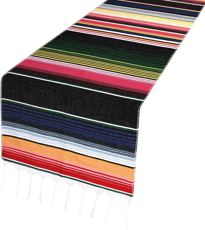 Mexican Serape Table Runner Black Striped Mexican Table Runner for Fiesta Fifth of May Dia De Los Muertos Runners Day of The Dead Kitchen Dining Decor for Party Decorations 14.6×85.8 Inch