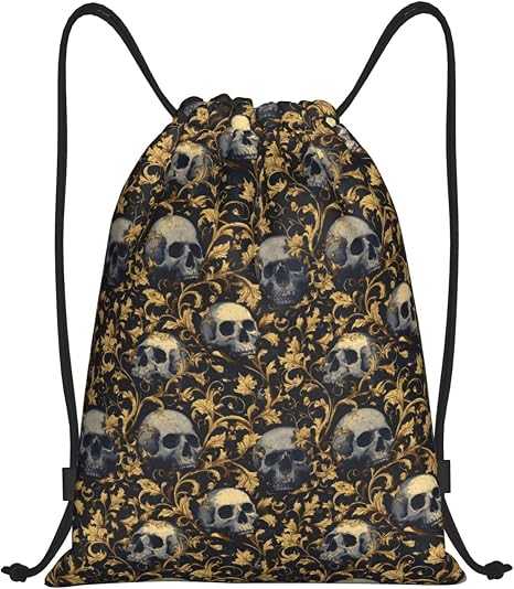 Light Grey Skulls Golden Vines Print Drawstring Backpacks, Draw String Back Bags, Small Gym Bags for Women Men Sports, Gym, Swimming, Beach, Travel - string light