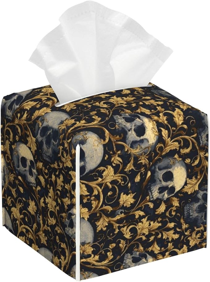 Light Grey Skulls Golden Vines Print Tissue Box Cover Holder Square, Foldable Modern Cube Tissue Box Cover, Leather Decorative Organizer for Tabletop Bathroom Car Office Desk Decor