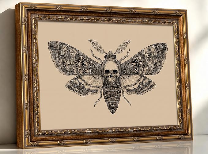 Vintage Gold Frame Skull Moth Wall Art, Gothic Canvas Painting Print for Dark Academia Decor, Moody Insect Picture for Living Room Bedroom Aesthetic, Nature Oddity Witchy Home Office Artwork 9x11 In - skull wall art