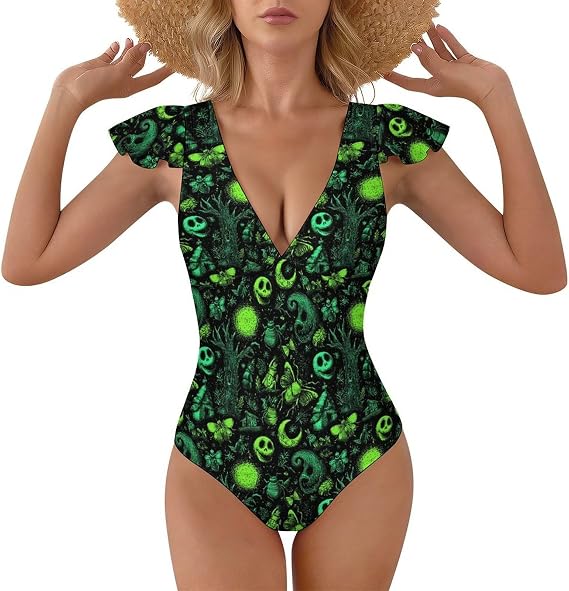 Gothic Neon Green Skull Butterfly Print One Piece Swimsuit Women, V Neck Swimwear Bathing Suit for Women Tummy Control - skull swimsuit