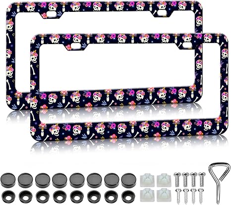 Skull License Plate Frames - 2 Pack Cute Flower Skeleton License Plate Holder, Aluminum Metal Rust-Proof Waterproof Car Decorative Tag Frame for Standard US 12x6 Inch - skull plate