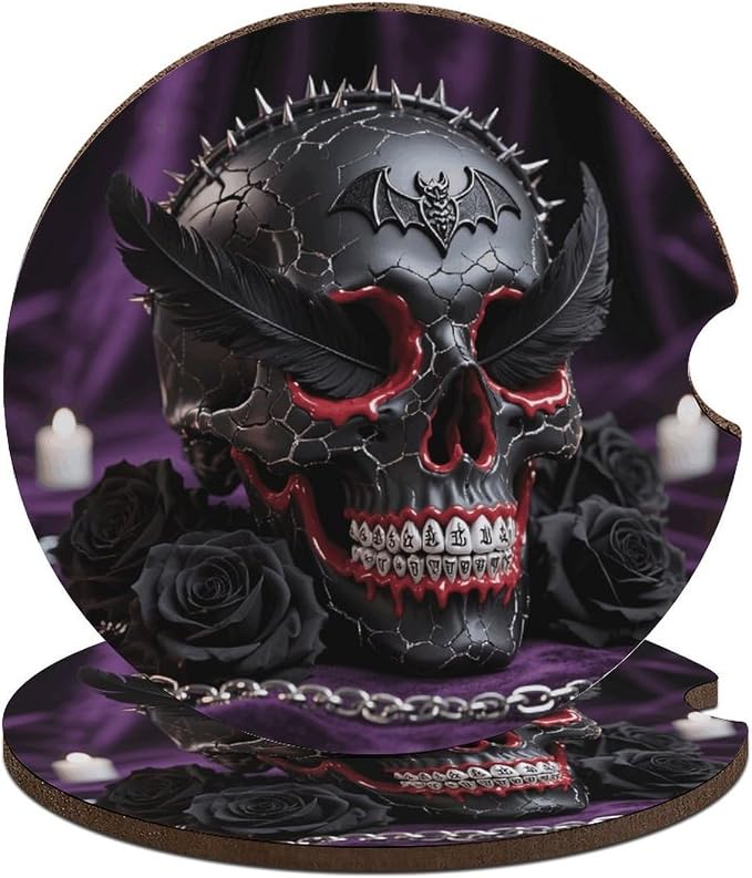 Sugar Skulls Car Coaster Wood Drink Cup Holder Coasters 2.6" Absorbent Drink Coaster with Cork Base & Finger Notch Auto Accessories for Men Women 2PCS - skull coaster
