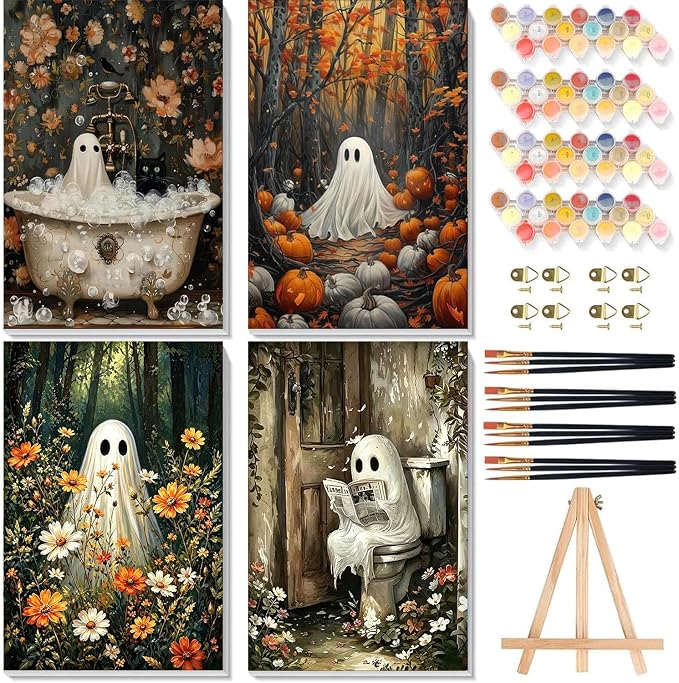 4 Pack Framed Paint by Numbers Kit for Adults Beginners Halloween 8×12 inch