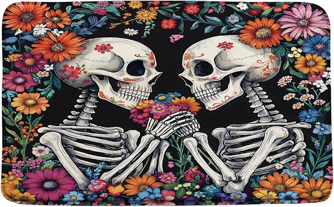 Sugar Skull Bath Mat Day of the Dead Skeleton Colorful Flowers Halloween Gothic Skull Floral Spooky Bathroom Mat Rug Memory Foam Carpet Doormat(18×30 Inch)