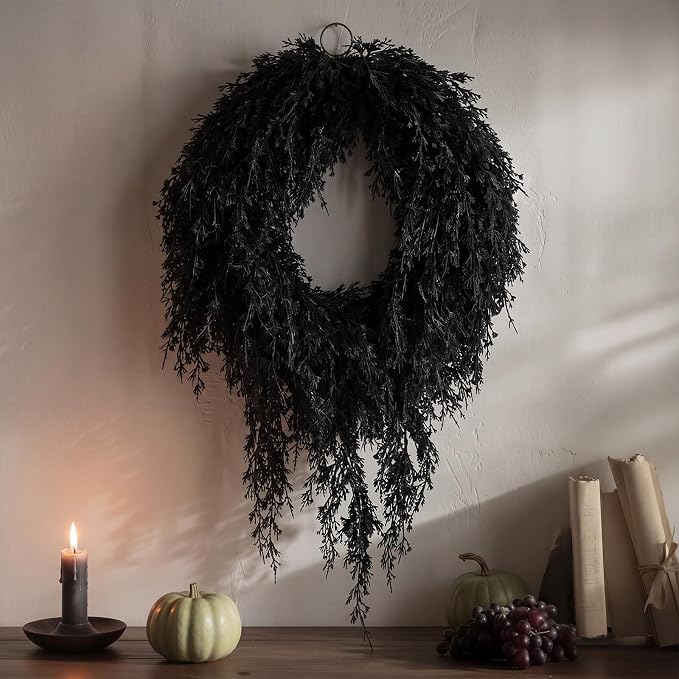 Suncalla 20″ Black Halloween Artificial Wreath, Cedar Wreath
