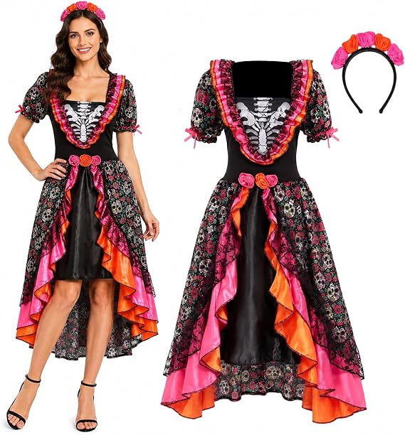 2PCS Day of The Dead Costume Women Adult Mexican Dress with Flower Headpiece Halloween Sugar Skull Outfit - skull headband