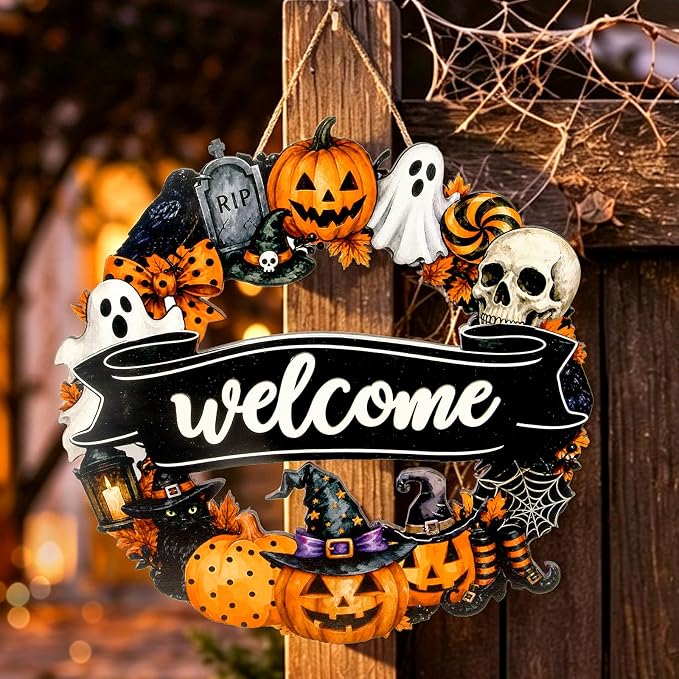 AnyDesign Halloween 3D Welcome Door Wreath Vintage Watercolor Pumpkin Ghost Skull Wooden Door Sign Hanging Decor for Halloween Party Home Wall Porch Outdoor Indoor Supply - skull wreath