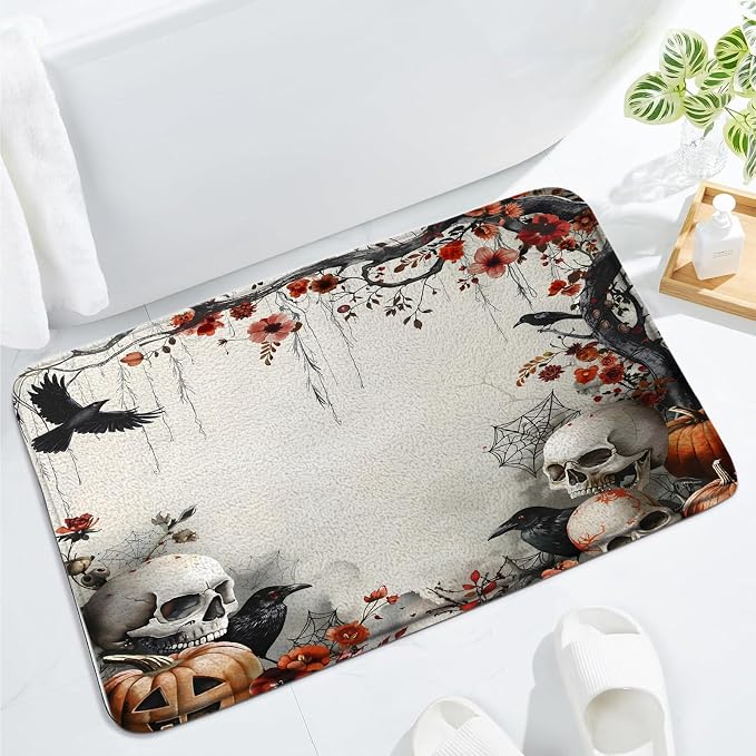 Halloween Skull Bath Mat Vintage Skeleton Spooky Crow, 17.7x29.5 Inch - skull toilet mat