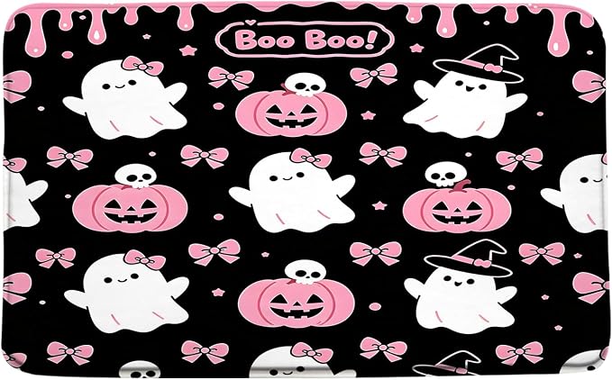 Pink Halloween Bath Mat Cute Ghost Coquette Bow, 17.7x29.5 Inch - skull toilet mat