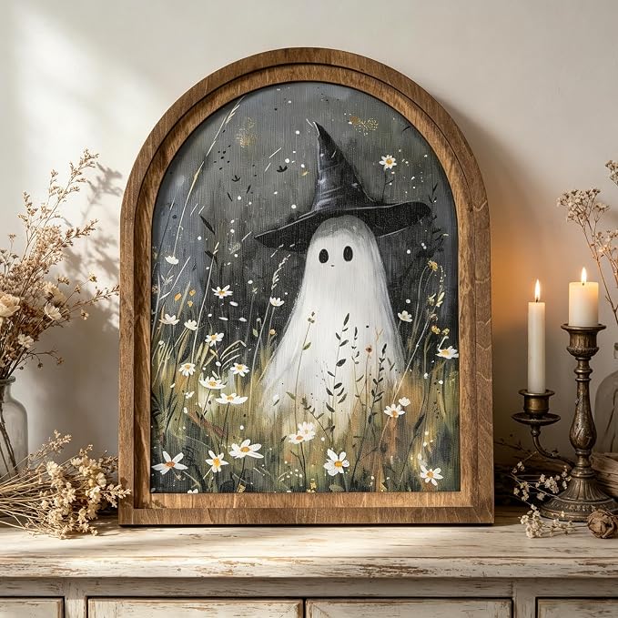 DAZONGE Halloween Wood Framed Arch Sign, Spooky Ghost Witch Halloween Decor - skull wall art