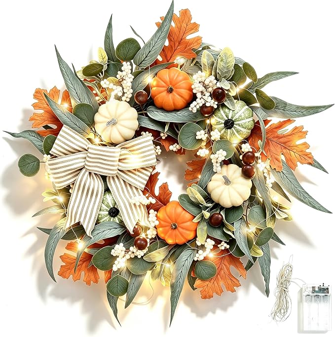 24" Lighted Fall Wreath with Pumpkins Thanksgiving Front Door Autumn Decor - skull wreath