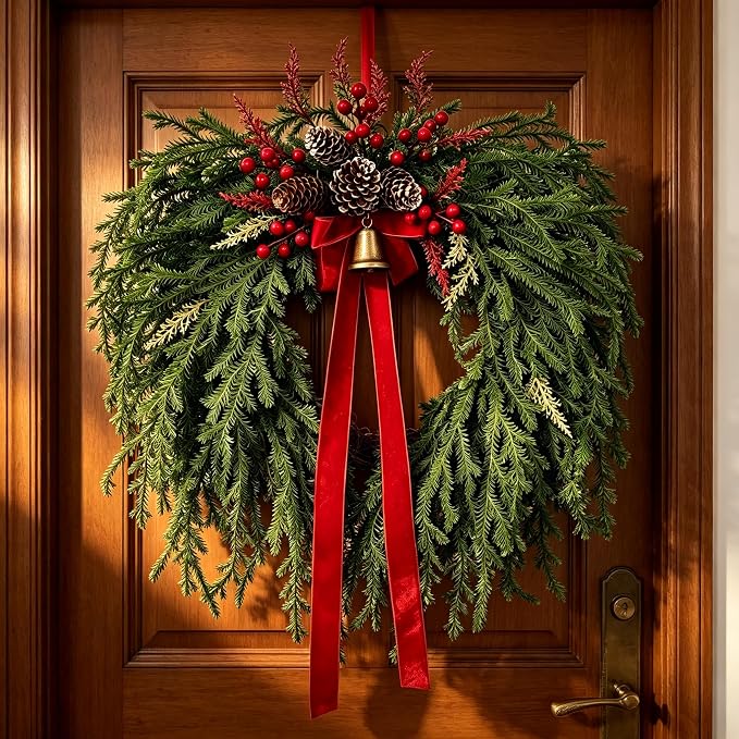 Christmas Wreath for Front Door - Artificial Cedar Winter Wreath with Red Velvet Bow, Golden Bell, Pinecones & Red Berries, Farmhouse Holiday Wreath for Indoor Outdoor Christmas Decorations - skull wreath