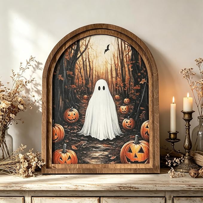DAZONGE Halloween Wood Framed Arch Sign, Haunted Halloween Ghost Decor - skull wall art