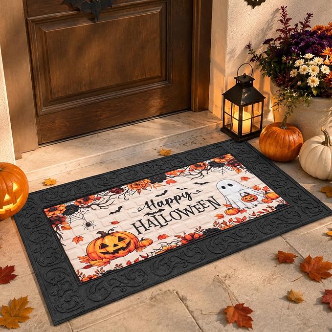 Arttown Halloween Welcome Door Mat, Spooky Pumpkin Ghost, Bat 18″x30″