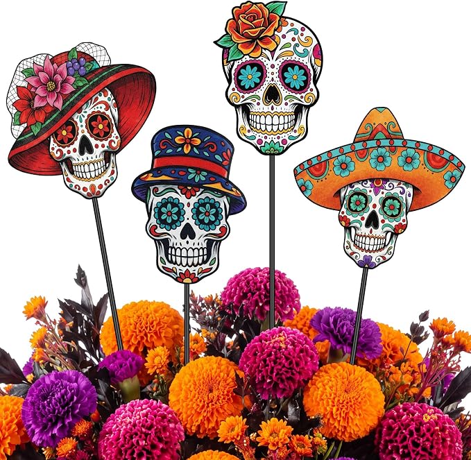 Chunful 4 Pcs Day of The Dead Decorative Garden Stake Sugar Skull Halloween - skull wreath