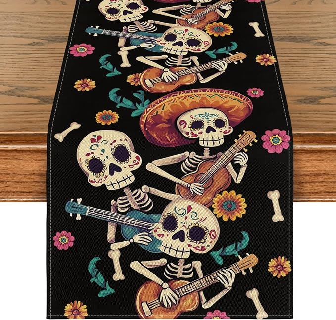 Artoid Mode Marigold Guitar Mexican Sugar Skull Dia De Los Muertos Table Runner, Day of The Dead Altar Kitchen Dining Table Decoration for Home Party Decor 13x72 Inch - skull carpet
