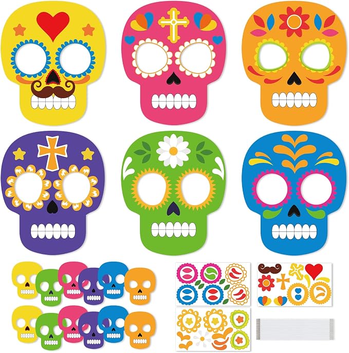 12Pcs Day of The Dead Craft for Kids, DIY Sugar Skull Masks Kit - skull sticker