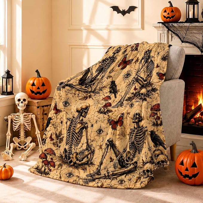 Gothic Halloween Blanket 50x60 Inch - Vintage Skeleton, Butterfly & Eye Art Throw Blankets Cozy Soft Flannel Fleece for Sofa, Couch, Chairs and Bed, Spooky Decor - skull blanket