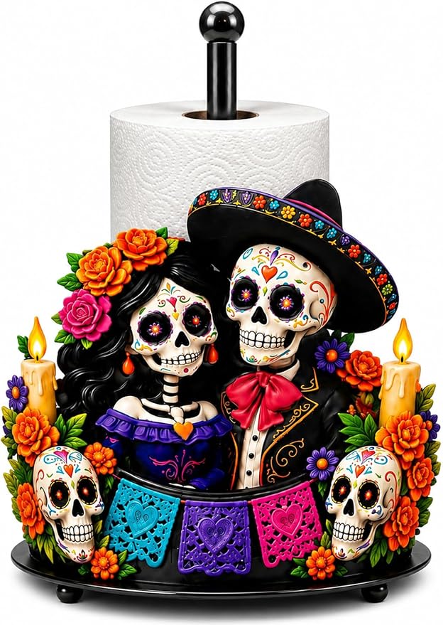 Mexican Paper Towel Holder Countertop, Day of The Dead Skull Standing Paper Towel Stand Holder - skull toilet paper