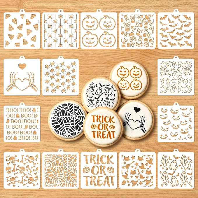 Whaline 15 Pcs Halloween Cookie Stencils Pumpkin Ghost Skull Boo Painting Stencils Decorative Cake Baking Templates with Stainless Steel Chain for Treat or Treat Party DIY Craft Decor, 4.7 x 5.1 Inch - skull painting