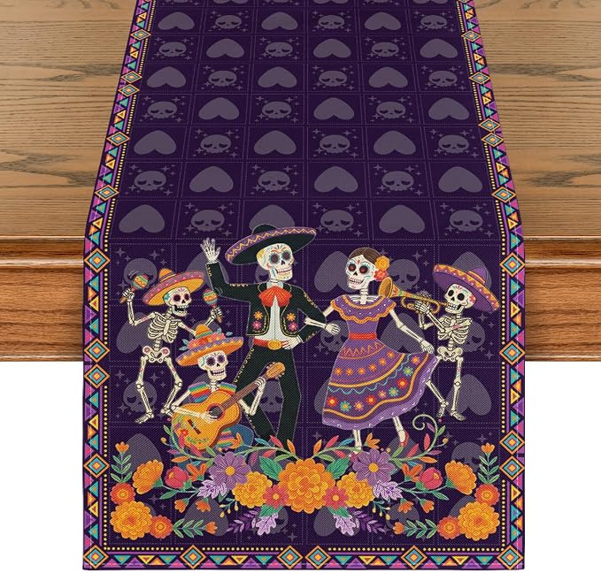 Artoid Mode Sombrero Mexican Sugar Skull Marigold Dia De Los Muertos Table Runner, Day of The Dead Altar Kitchen Dining Table Decoration for Home Party Decor 13×72 Inch