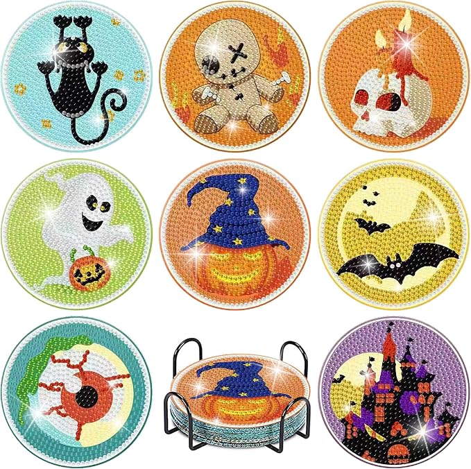 Clendo 8 PCS Halloween Diamond Art Coasters Kits, Cute Diamond Painting Coaster Kits Diamond Coasters with Holder Cork Pads Gem Art Dots Paintings Crafts Supplies for Adults Beginners - skull coaster