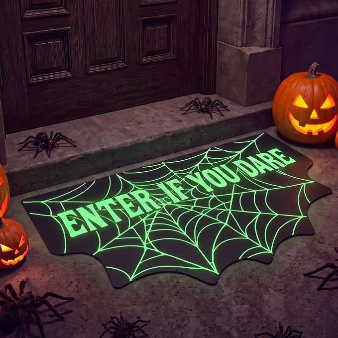 Halloween Spider Web Doormat Glow in Dark 17x30 Non Slip Entrance - skull floor mat