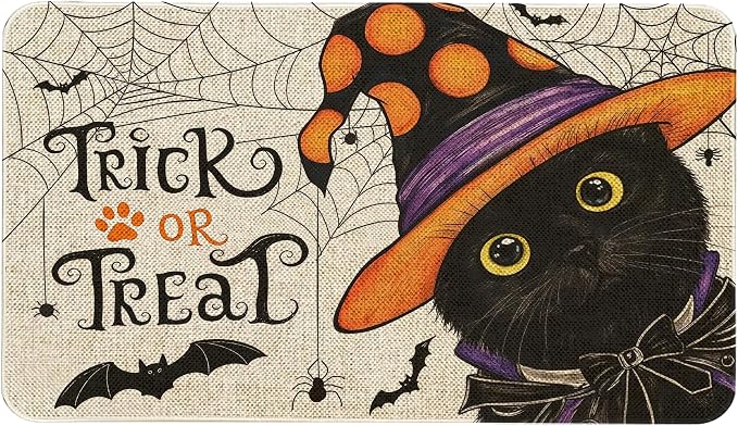 Halloween Cat Welcome Door Mat 30x17 Inch Cute Cat Front Doormat Indoor Outdoor Spooky Floor Mats Non-Slip Washable Halloween Home Decor Rugs - skull floor mat
