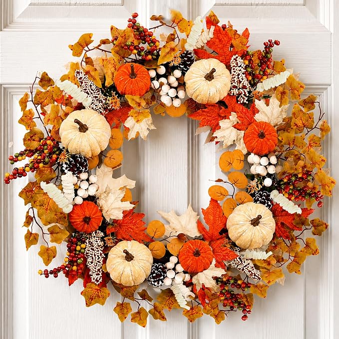 Fall Wreath 22″ Fall Wreath for Front Door Wreath Autumn Pumpkin Fall Decor