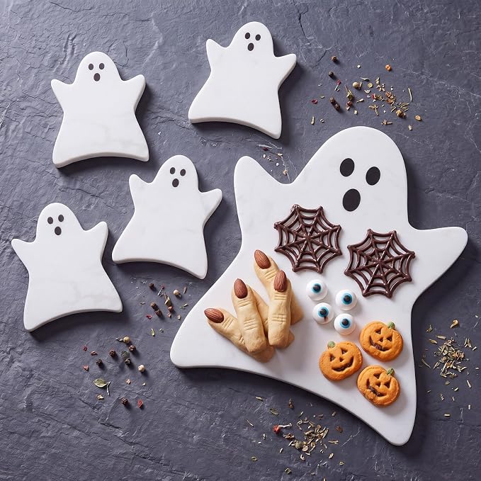 Reallnaive 5 Pcs Halloween Ghost Marble Cheese Board 4 Coasters Set - skull coaster