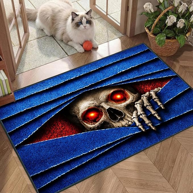 2x3 Halloween Rugs for Entryway, Scary Skeleton Red Eyes Washable Door Mat, Non Slip Creepy Gothic Small Area Rug for Front Door, Kitchen, Living Room, Bedroom, Laundry, Bathroom - skull carpet