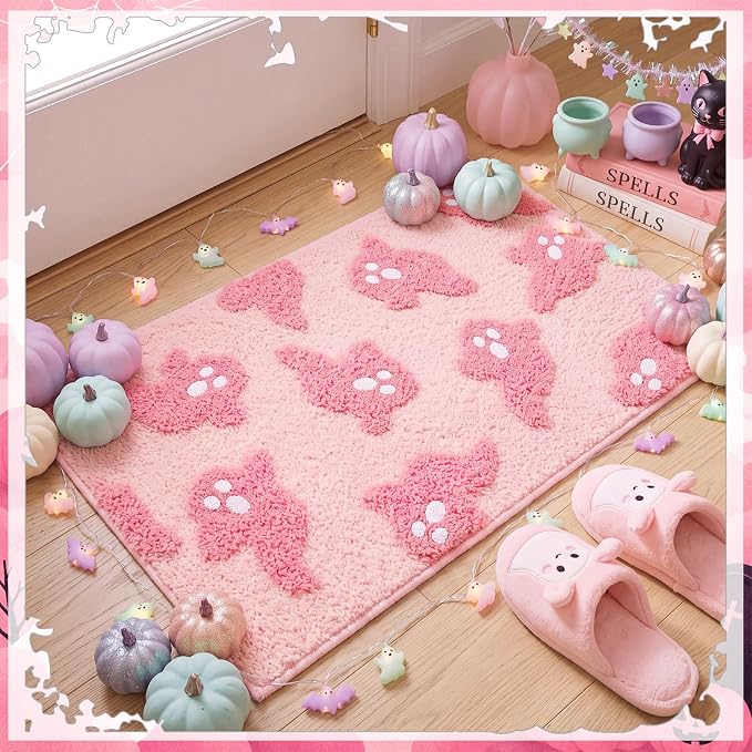 Lyrow 29 x 17'' Pink Halloween Ghost Bathroom Rug 3D Cute Tufted Bath Mat - skull toilet mat