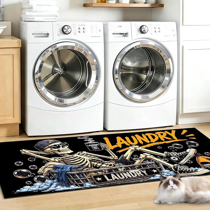 Funny Skeleton Laundry Room Runner Rug 47x20 Inch, Cool Skull Humor Non-Slip Washable Laundry Mat, Black Absorbent Long Floor Standing Mat for Kitchen, Hallway and Bathroom Decor - skull toilet mat