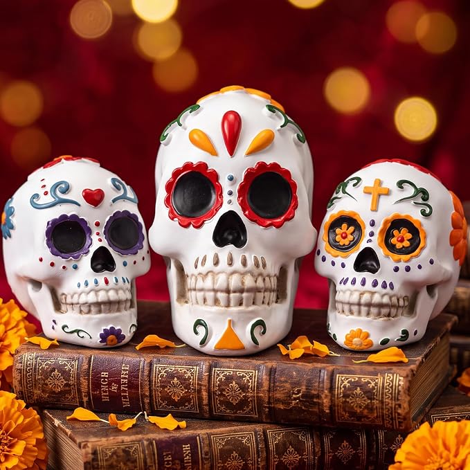Junkin 3Pcs Day of The Dead Sugar Skull Resin Figurine for Altar Decor 6"4" - sugar skull ornament