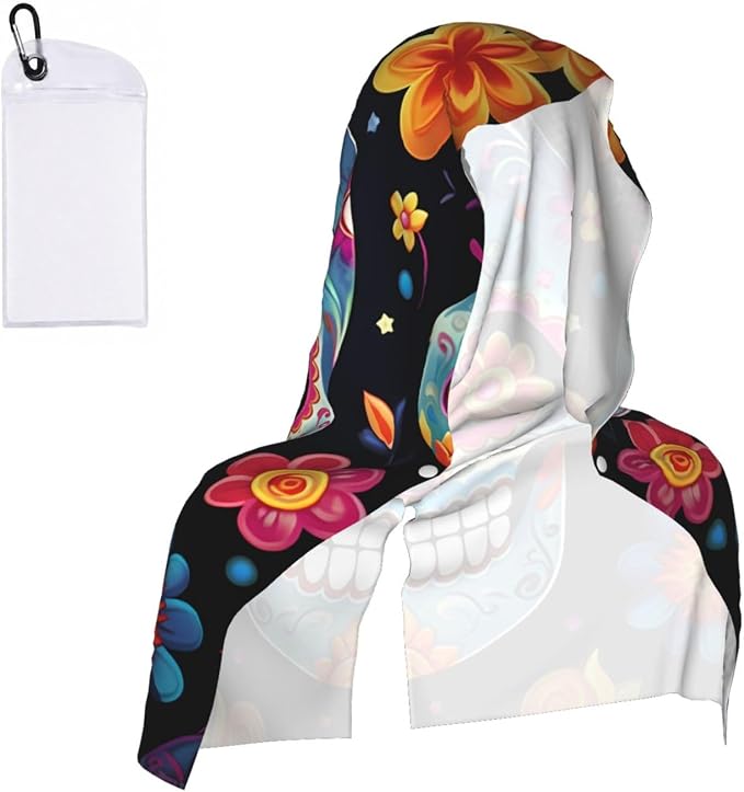 Sugar Skulls Cooling Hoodie Towel for Neck and Face,Absorbent Quick Dry Instant Cooling Towel for Neck and Face UPF 50 Sun Protection Neck Wraps for Hot Weather Running Camping Travel - skull hoodie