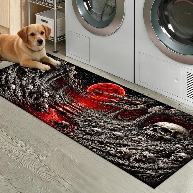 Gothic Skull Laundry Room Runner Rug 47" x 20", Red Moon Horror Halloween Floor Mat, Non-Slip Washable Kitchen Runner, Dark Aesthetic Macabre Creepy Home Decor Carpet for Hallway Entryway - skull toilet rug