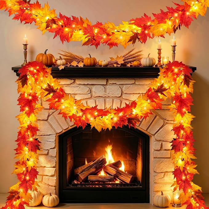 Fall Decorations for Home 9FT Fall Garland With Lights Large Maple Leaves, 50 Orange Bulbs UL Certified Connectable Lush and Thicker Fall Lights for Indoor Outdoor Harvest Halloween Thanksgving Decor - string light