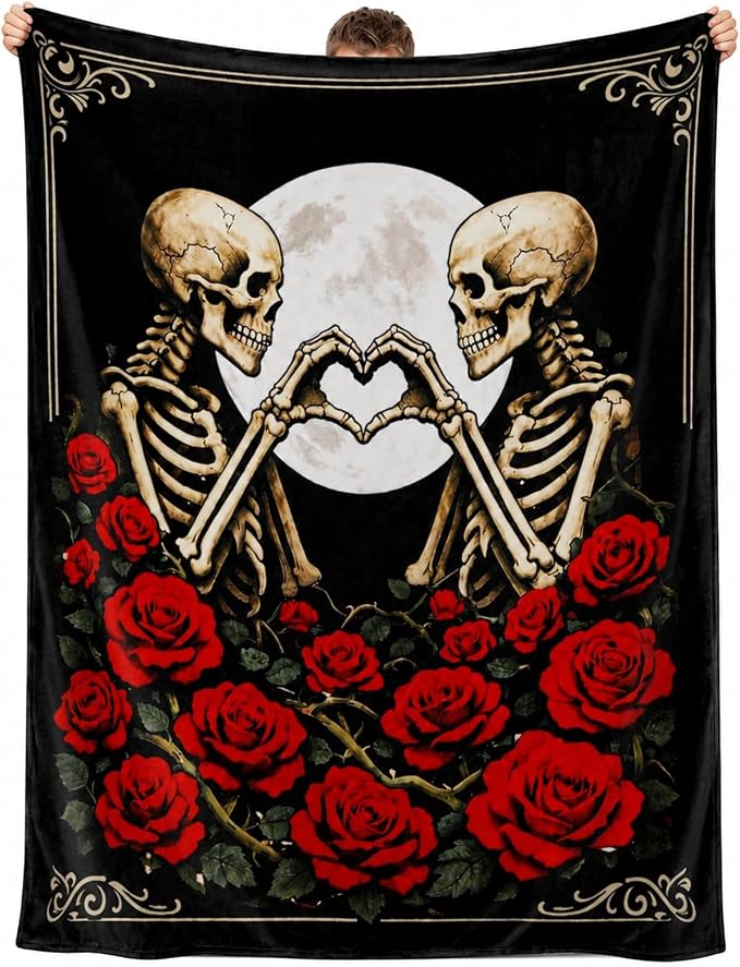 Skull Blanket, Gothic Skeleton Love Heart Fleece Throw Blanket - skull blanket
