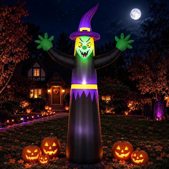8FT Double-Sided Halloween Inflatable Witch & Ghost Blow Up - skull inflatable