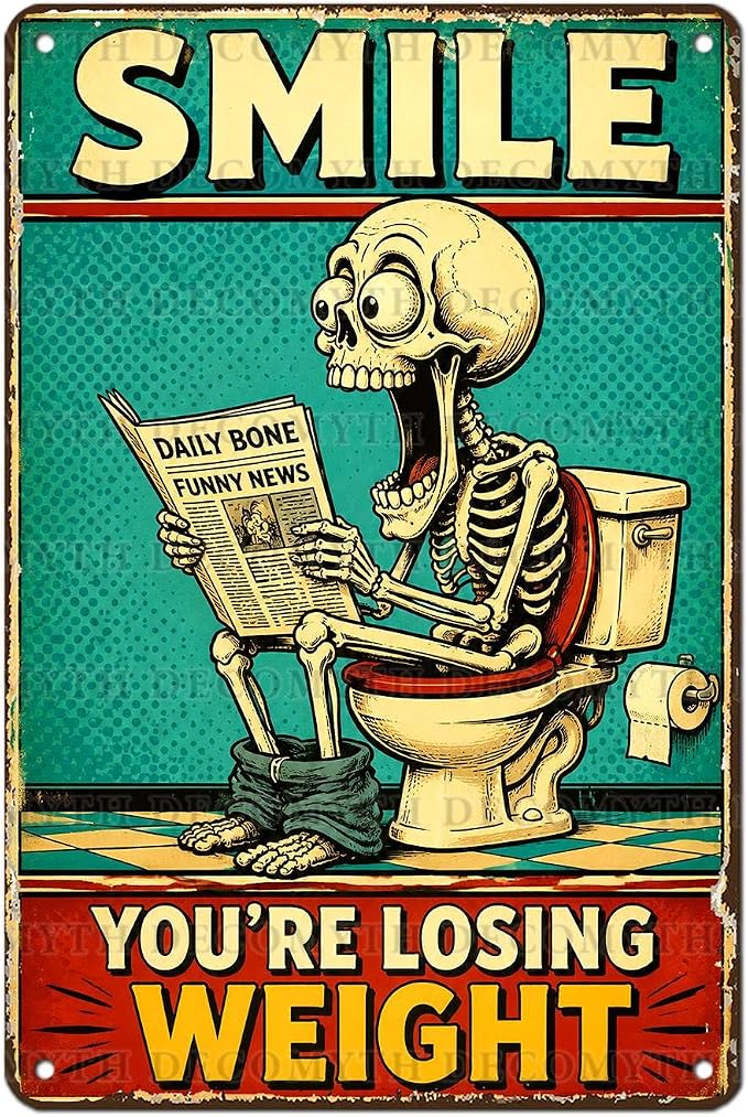 Skeleton Bathroom Decor Funny Bathroom Metal Sign Smile You Lost Weight Tin Sign Retro Skull Wall Art Vintage Toilet Wall Hanging Plaque for Bathroom Restroom Farmhouse Home 12 * 8inch - skull wall art