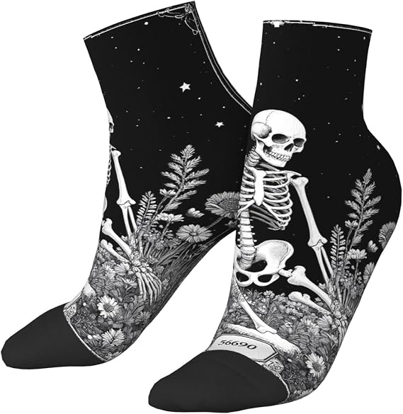 Vintage Black White Plant Skull Print Ankle Socks For Men Women, Funny Low Cut Socks Casual Sneaker Socks For Daily Wear - sugar skull costume