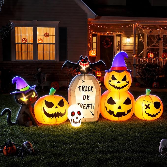 8FT Halloween Inflatable Pumpkin Outdoor Decor with LED Lights - skull inflatable