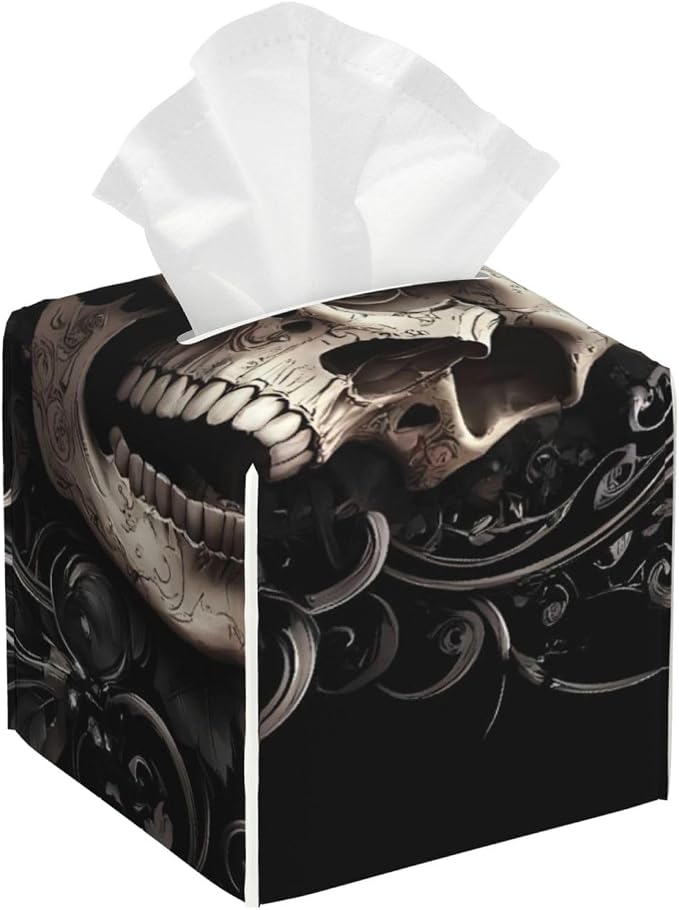 Vintage Pattern Flower Skull for Square Tissue Box Cover Pu Leather, Decorative Cube Tissue Holder Tissue Box Organizer for Bathroom Vanity Desk Car Home - skull toilet paper