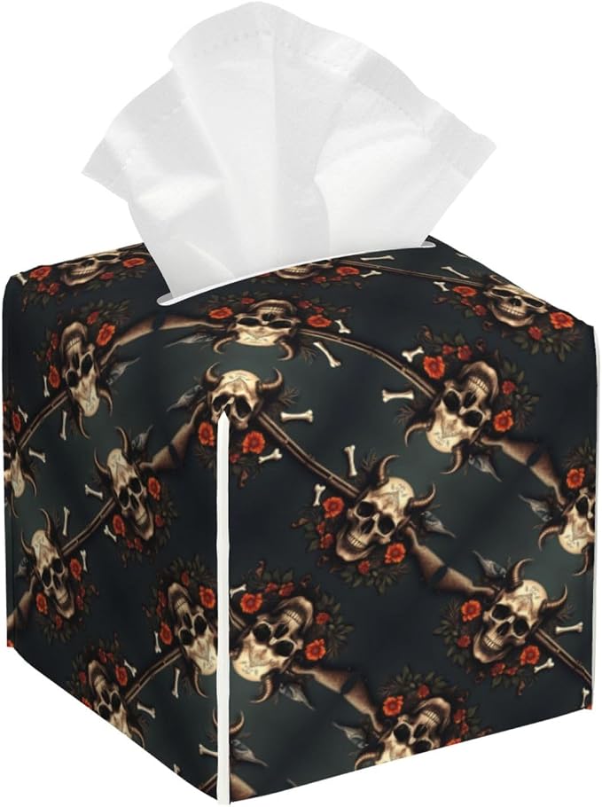 Metal Style Horned Skull for Square Tissue Box Cover Pu Leather, Decorative Cube Tissue Holder Tissue Box Organizer for Bathroom Vanity Desk Car Home - skull toilet paper