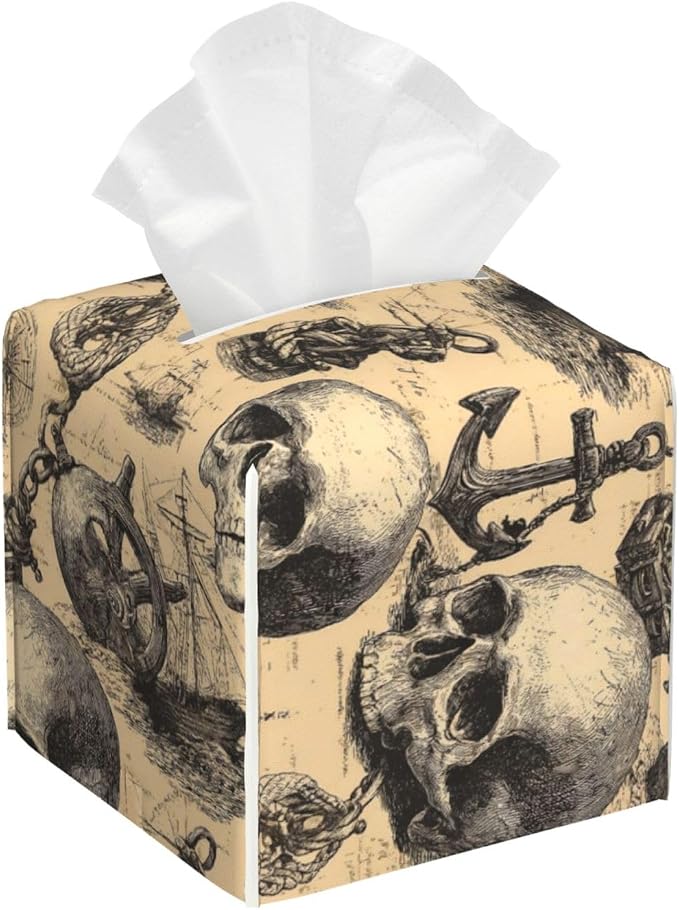 Pirate Skulls (5) for Square Tissue Box Cover Pu Leather, Decorative Cube Tissue Holder Tissue Box Organizer for Bathroom Vanity Desk Car Home - skull toilet paper