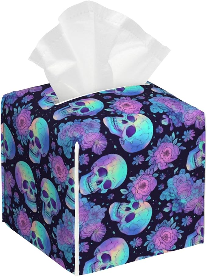 Starry Sky Skull Flower for Square Tissue Box Cover Pu Leather, Decorative Cube Tissue Holder Tissue Box Organizer for Bathroom Vanity Desk Car Home - skull toilet paper