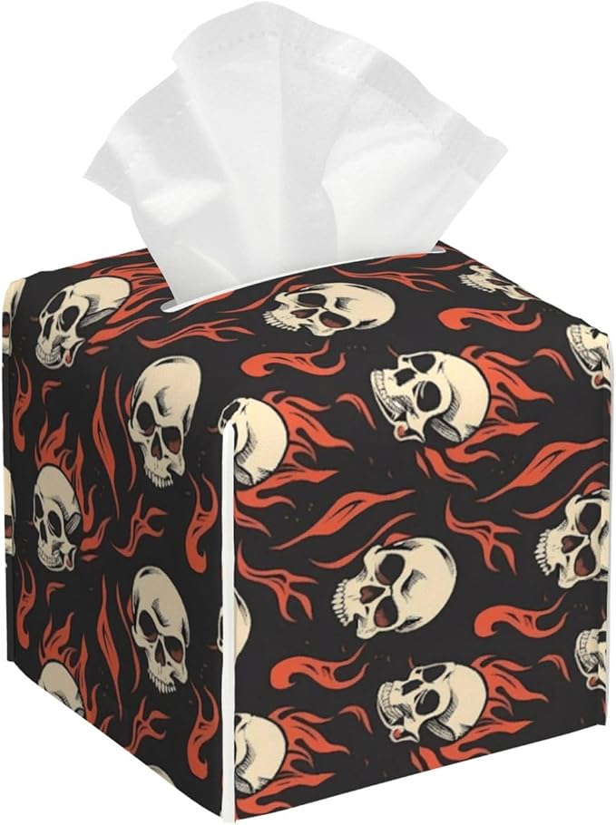 Skull Flame (1) for Square Tissue Box Cover Pu Leather, Decorative Cube Tissue Holder Tissue Box Organizer for Bathroom Vanity Desk Car Home - skull toilet paper