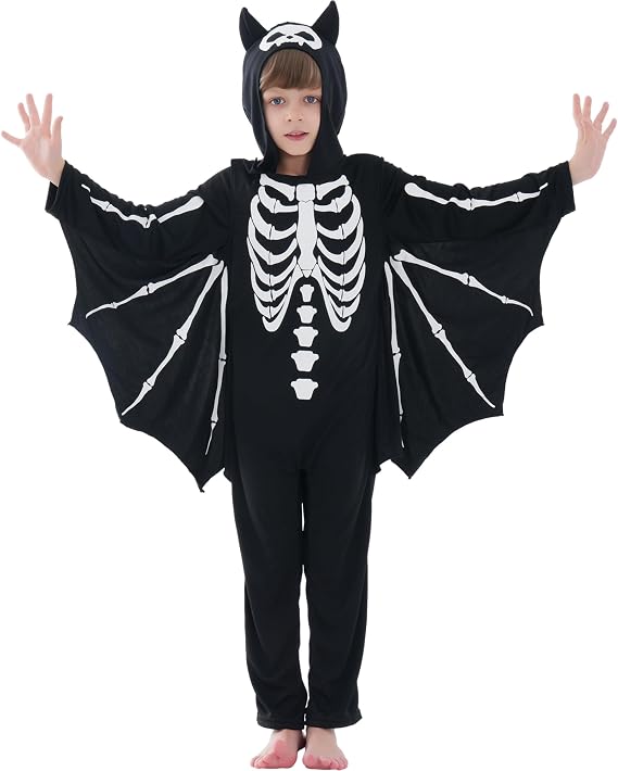 Sincere Party Kids Glow-in-the-Dark Skeleton Costume Bat Costume for Boys and Girls,Spooky Halloween Costume - skeleton